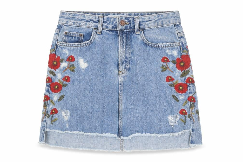 Zara Women Blue Embroidered Floral Denim Short Skirt XS