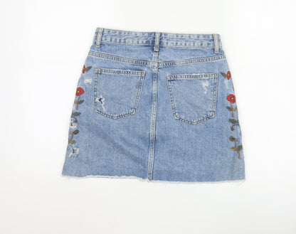 Zara Women Blue Embroidered Floral Denim Short Skirt XS
