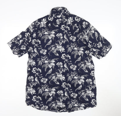 H&M Men’s Blue Tropical Floral Short Sleeve Cotton Shirt M Regular Fit