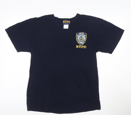 NYPD Men Blue Cotton Crew Neck Short Sleeve Logo T-Shirt M