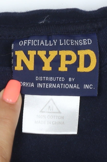 NYPD Men Blue Cotton Crew Neck Short Sleeve Logo T-Shirt M