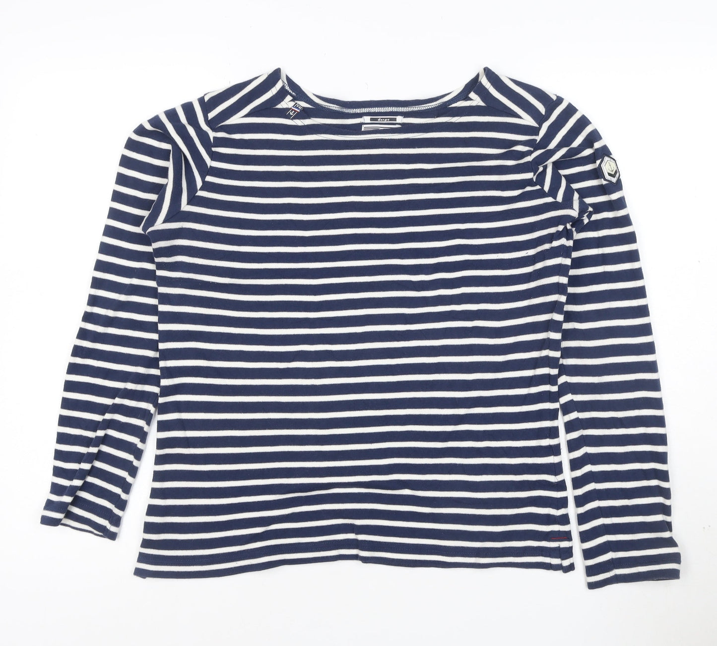 Voile Bleue Women's Blue Striped Long Sleeve Cotton Boat Neck Top