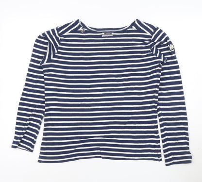 Voile Bleue Women's Blue Striped Long Sleeve Cotton Boat Neck Top