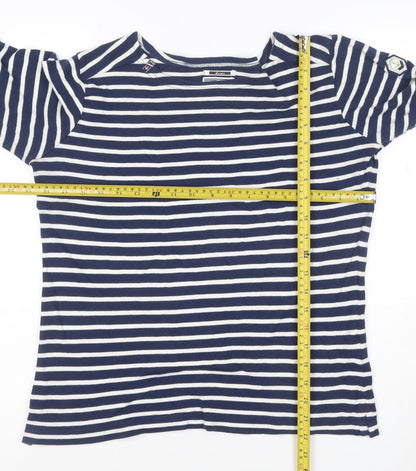 Voile Bleue Women's Blue Striped Long Sleeve Cotton Boat Neck Top