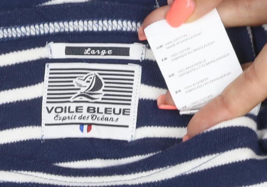 Voile Bleue Women's Blue Striped Long Sleeve Cotton Boat Neck Top