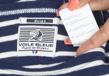 Voile Bleue Women's Blue Striped Long Sleeve Cotton Boat Neck Top