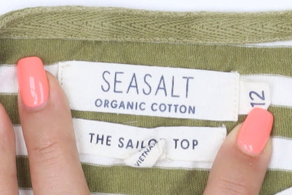 Seasalt Women’s Green Striped Organic Cotton 3/4 Sleeve Sailor Top Size 12