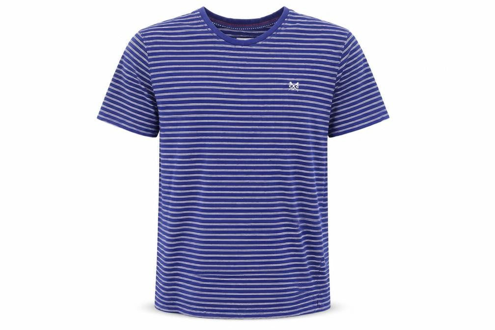 Front view of Crew Clothing Men’s Blue Striped Cotton T-Shirt XS Regular Fit