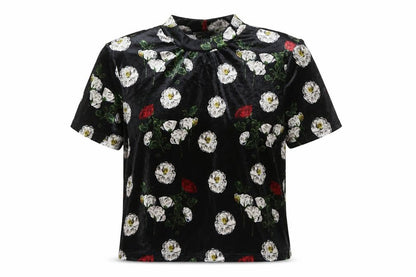 Zara Trafaluc Women’s Black Floral Velvet Short Sleeve T-Shirt Size L