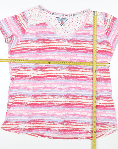 Mistral Women Pink Multicoloured V-Neck Short Sleeve T-Shirt Cotton Size 16