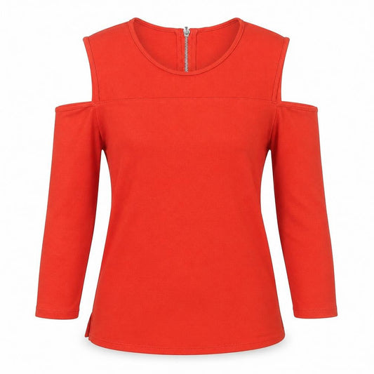 Karen Millen Women's Red Cold Shoulder Long Sleeve Zip Top Size 6
