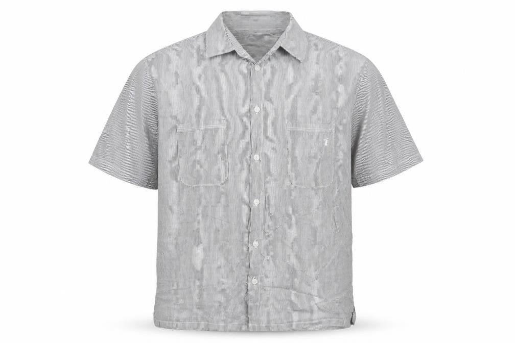 French Connection Men's Grey Striped Cotton Short Sleeve Shirt L
