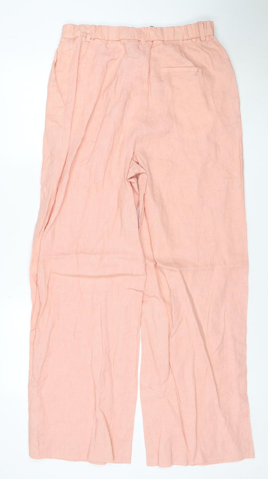 Zara Women Pink Linen Wide-Leg Trousers Size L