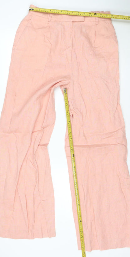 Zara Women Pink Linen Wide-Leg Trousers Size L