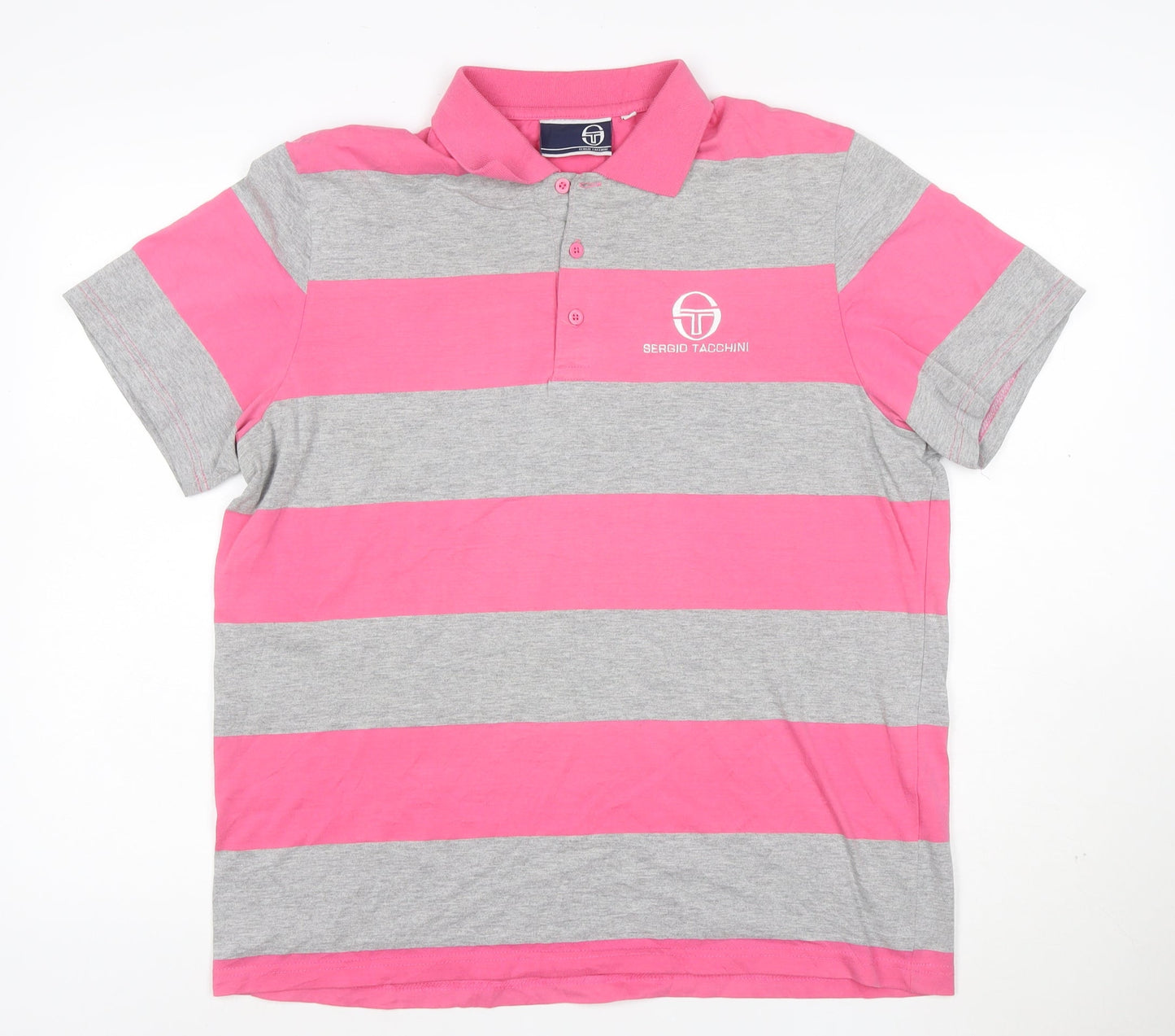 Sergio Tacchini Men's Pink Grey Striped Polo Shirt Size L