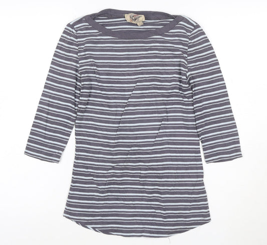 Arabella & Addison Women Grey Striped 3/4 Sleeve Cotton T-Shirt L