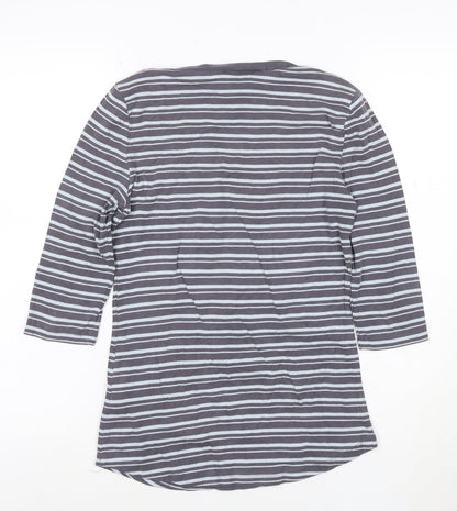 Arabella & Addison Women Grey Striped 3/4 Sleeve Cotton T-Shirt L