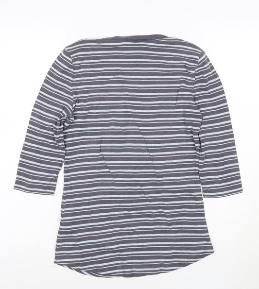 Arabella & Addison Women Grey Striped 3/4 Sleeve Cotton T-Shirt L
