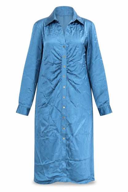 Zara Women Blue Collared Long Sleeve Ruched Midi Shirt Dress L