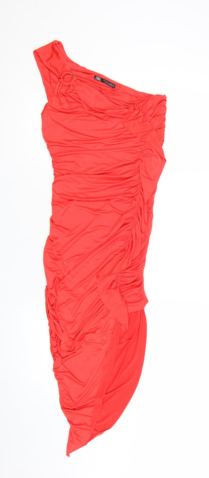 Zara Women Red One Shoulder Ruched Asymmetric Bodycon Dress Size S