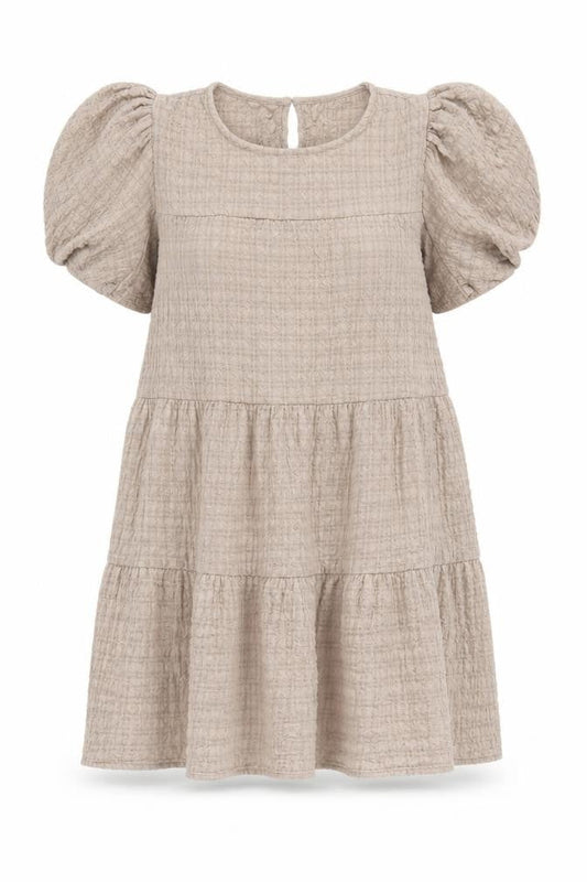 Front view of In The Style women’s beige, size UK 26, puff sleeve tiered shift dress