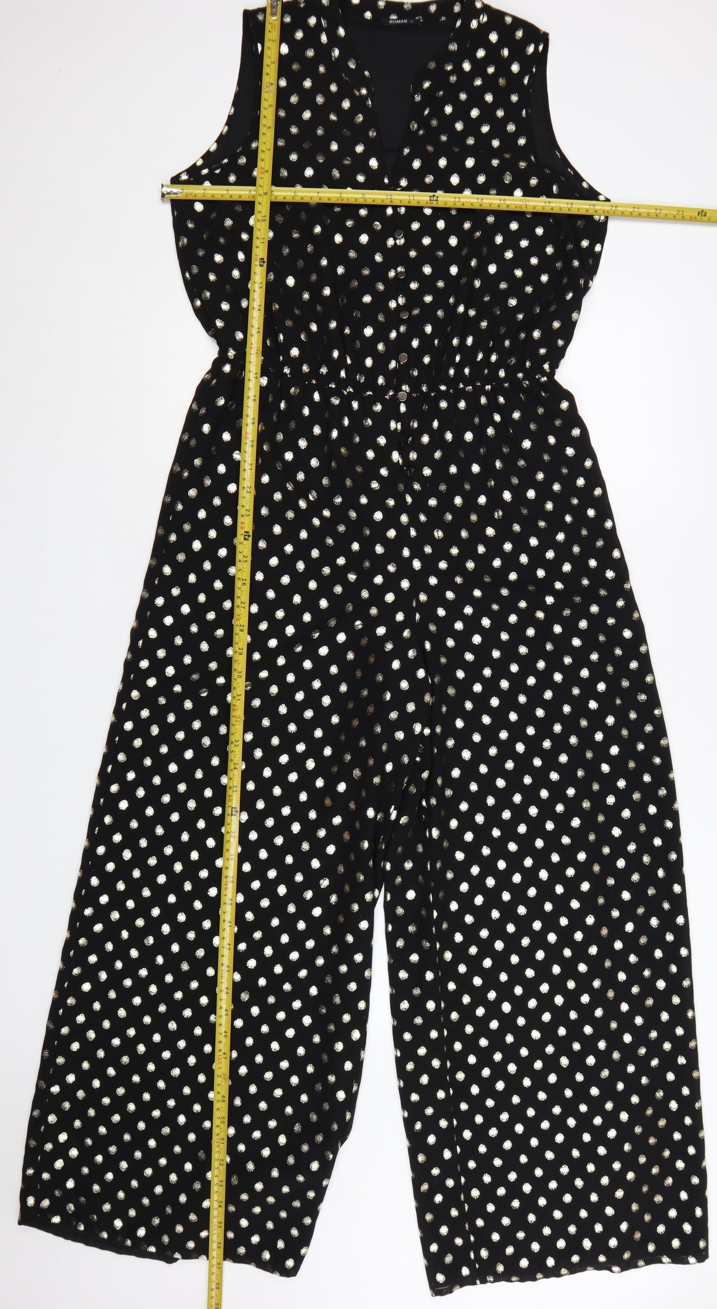 Roman Women’s Black Gold Polka Dot Sleeveless Jumpsuit Size 12