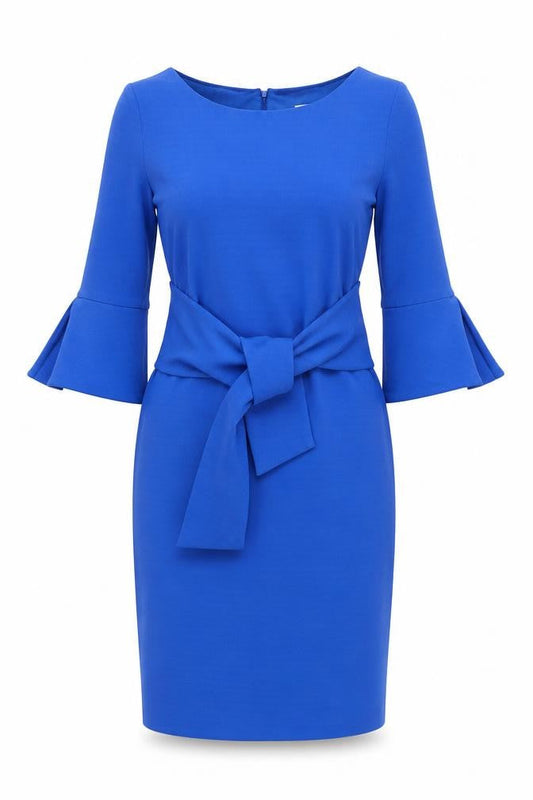 Front view of Linea Women Blue, size 10, Sheath Knee Length Belted Dress
