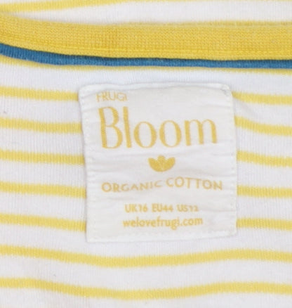 Frugi Women Yellow Striped Long Sleeve Henley Cotton Top Size 16
