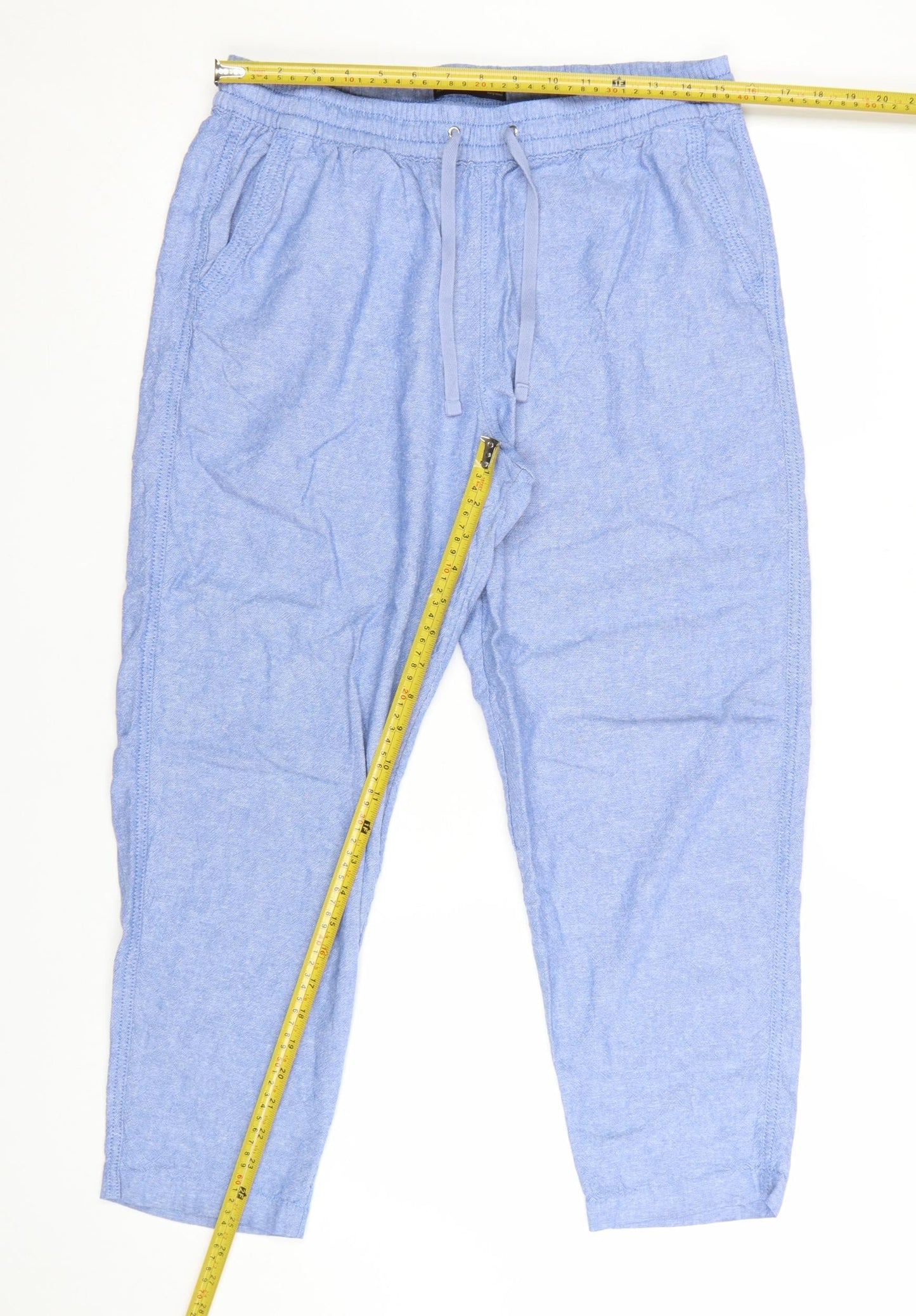 Marks and Spencer Women's Blue Linen Blend Cropped Tapered Trousers Size 14