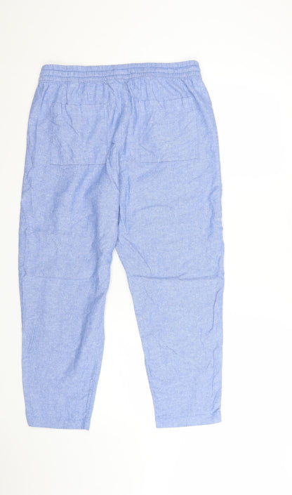 Marks and Spencer Women's Blue Linen Blend Cropped Tapered Trousers Size 14