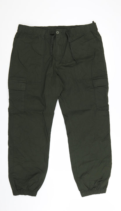 Marks and Spencer Men's Green Cargo Trousers XL Elastic Waist Cotton Blend