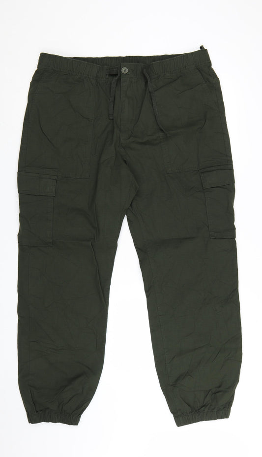 Marks and Spencer Men's Green Cargo Trousers XL Elastic Waist Cotton Blend