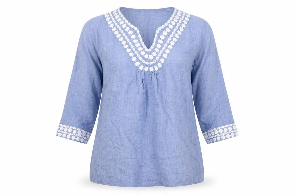 Boden Women Blue Cotton Tunic Blouse UK 12 Embroidered V-Neck 3/4 Sleeve