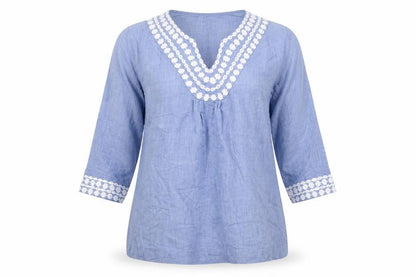 Boden Women Blue Cotton Tunic Blouse UK 12 Embroidered V-Neck 3/4 Sleeve