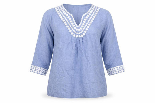 Boden Women Blue Cotton Tunic Blouse UK 12 Embroidered V-Neck 3/4 Sleeve