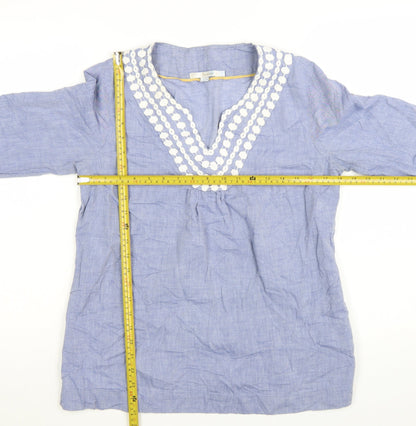Boden Women Blue Cotton Tunic Blouse UK 12 Embroidered V-Neck 3/4 Sleeve