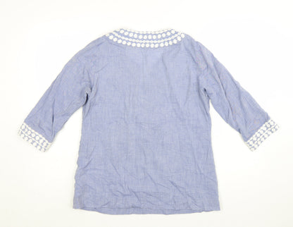 Boden Women Blue Cotton Tunic Blouse UK 12 Embroidered V-Neck 3/4 Sleeve