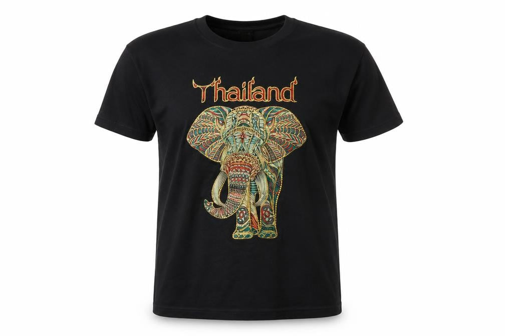 Front view of FOAT unisex black elephant thailand graphic cotton t-shirt 2xl