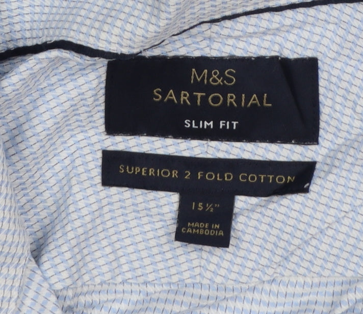 Marks and Spencer Mens Blue Slim Fit Check Cotton Dress Shirt 15.5in Collar