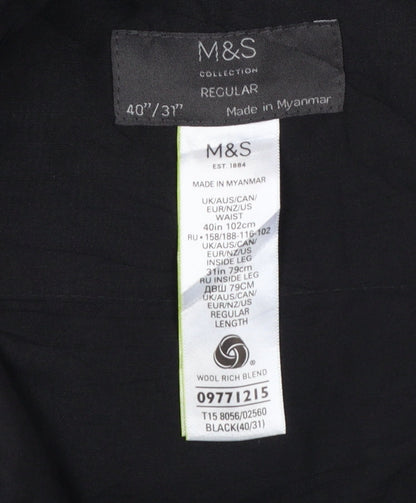 Marks and Spencer Men's Black Wool Blend Regular Fit Dress Trousers 40x31