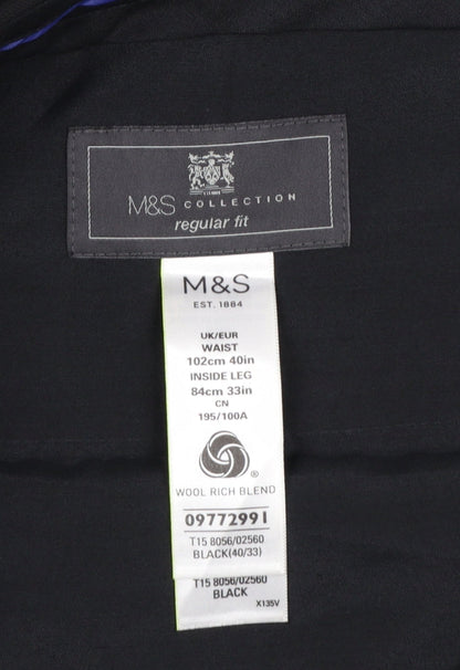 Marks and Spencer Men's Black Regular Fit Wool Blend Dress Trousers 40W 33L