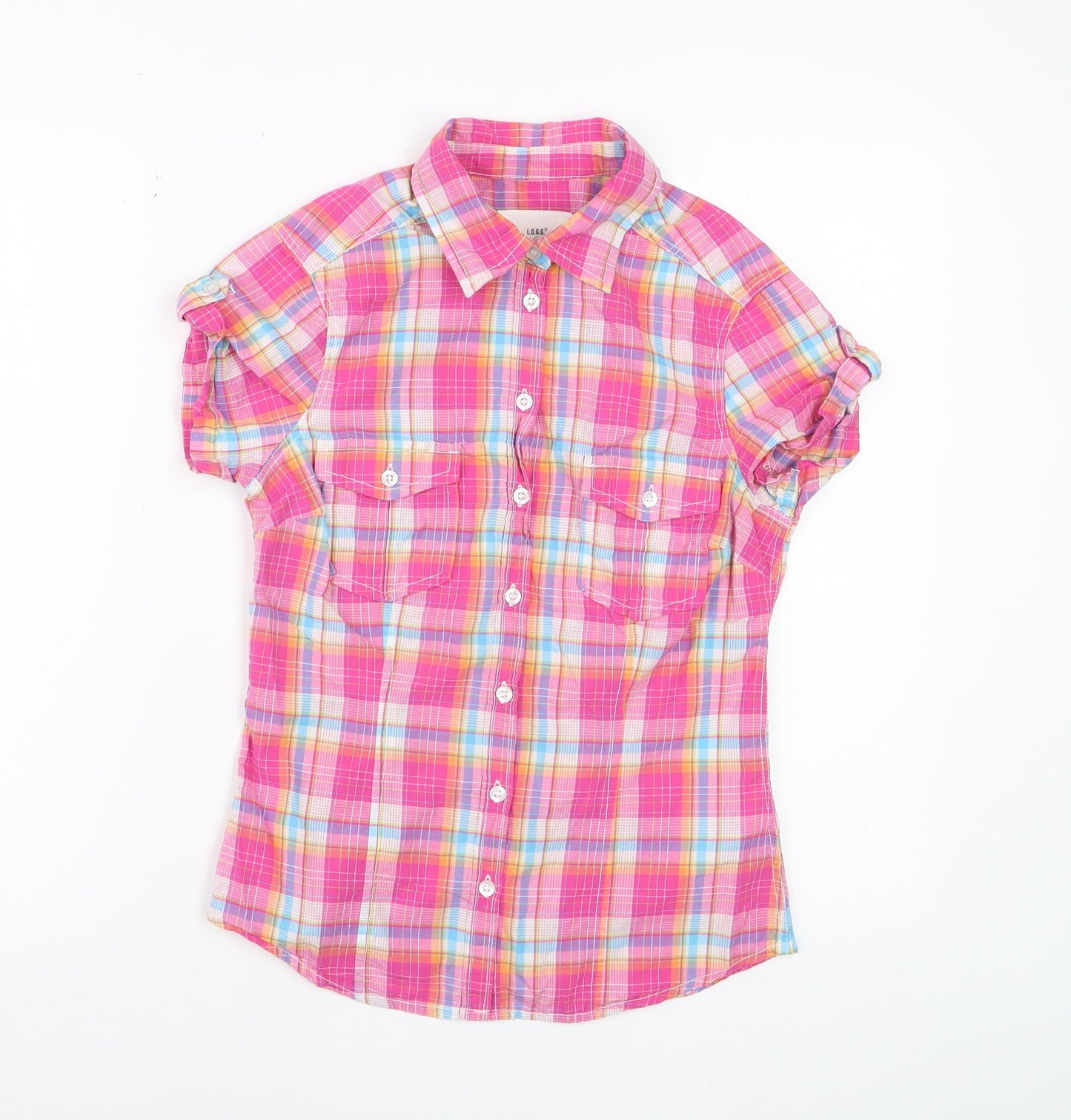 H&M L.O.G.G. Women's Pink Check Cotton Short Sleeve Button-Up Shirt Size 10