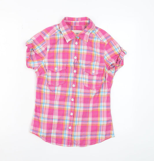 H&M L.O.G.G. Women's Pink Check Cotton Short Sleeve Button-Up Shirt Size 10