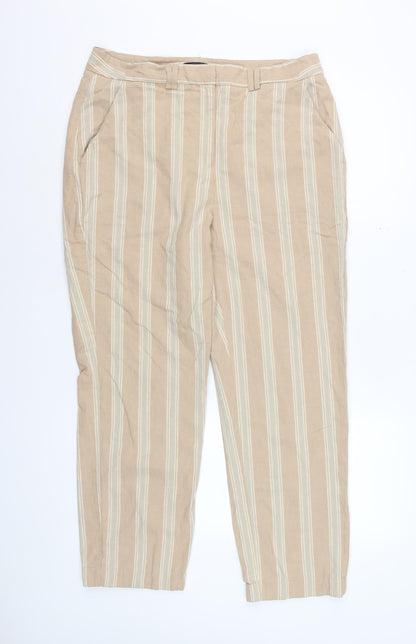 Marks and Spencer Womens Beige Striped Regular Linen Blend Trousers Size 14