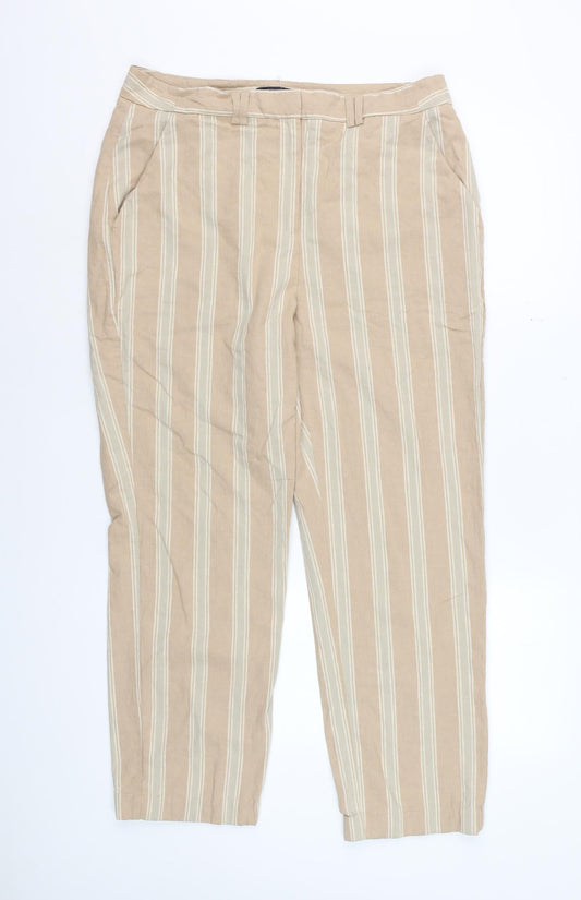 Marks and Spencer Womens Beige Striped Regular Linen Blend Trousers Size 14