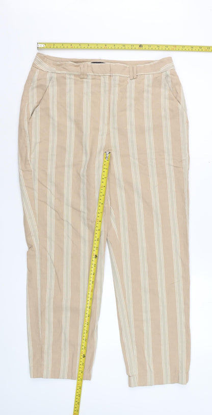 Marks and Spencer Womens Beige Striped Regular Linen Blend Trousers Size 14