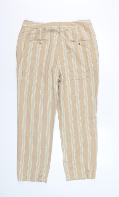 Marks and Spencer Womens Beige Striped Regular Linen Blend Trousers Size 14