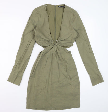 Zara Womens Khaki Cut Out Bodycon Mini Dress Long Sleeve UK 10