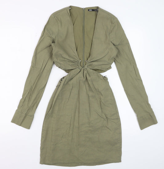 Zara Womens Khaki Cut Out Bodycon Mini Dress Long Sleeve UK 10