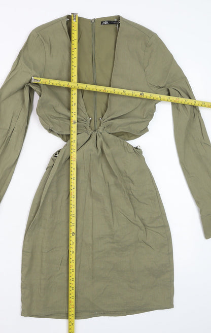 Zara Womens Khaki Cut Out Bodycon Mini Dress Long Sleeve UK 10